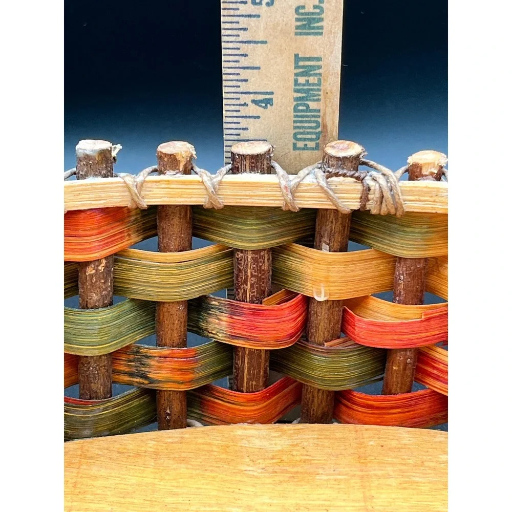 Rustic Twig Woven Splint Oval Basket Multicolor Wood Base Farmhouse Decor 10.5